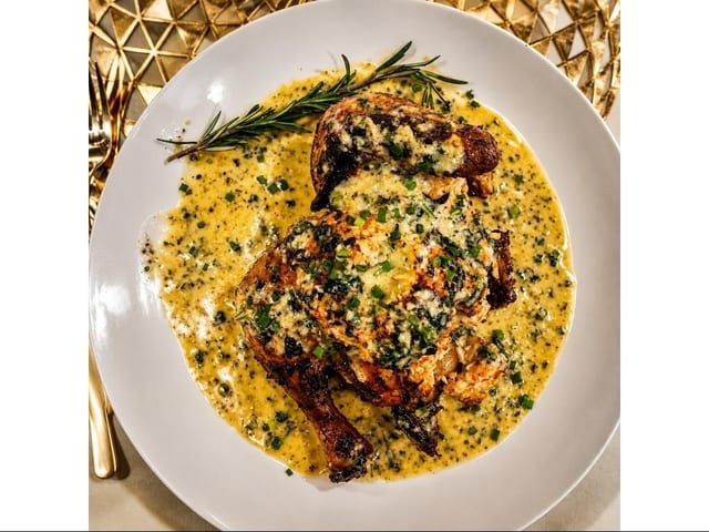 Roasted Chicken with Lobster & Crab Stuffing.