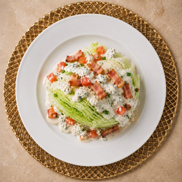 Iceberg Wedge Salad with Bacon Lardons and Blue Cheese Dressing.