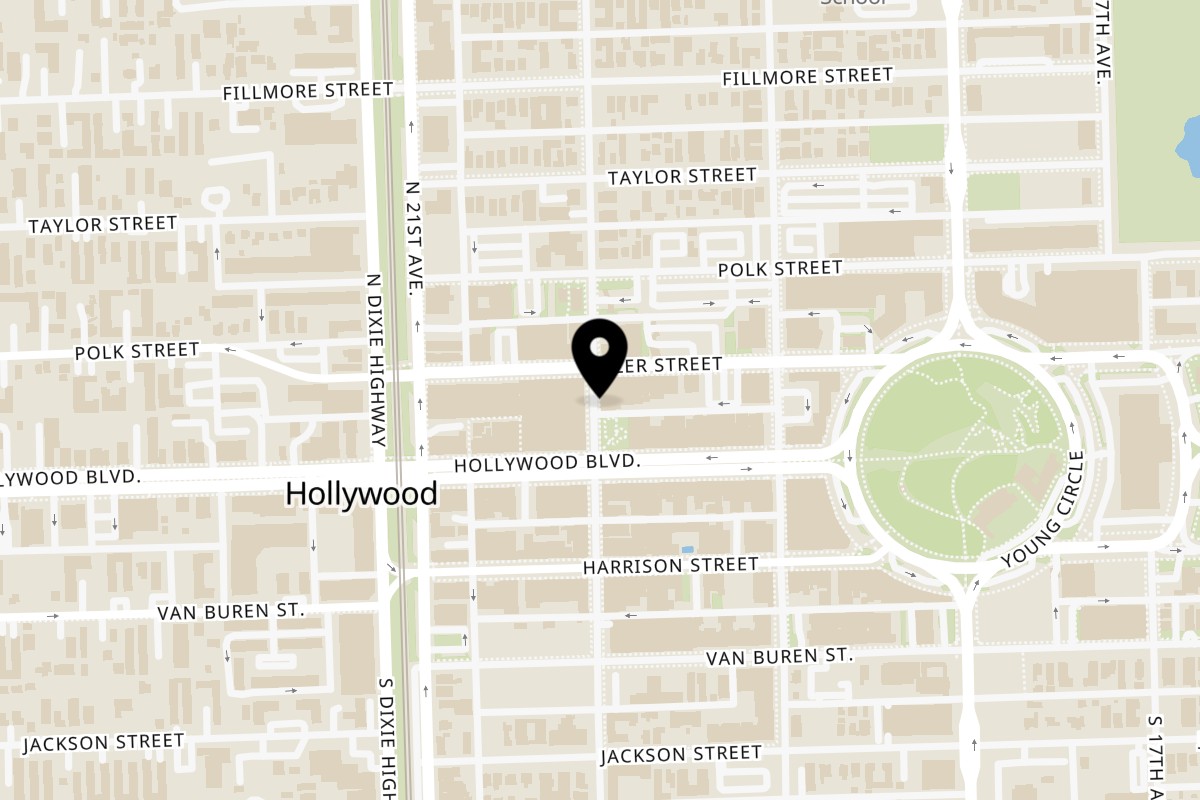 Map showing the location of C.L.A.S.S. Soiree Steakhouse on 121 N 20th Ave in Hollywood